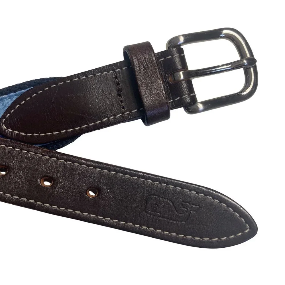 Vineyard Vines Mens Lacrosse Belt 28 Blue Brown Leather Nylon Brass Buckle